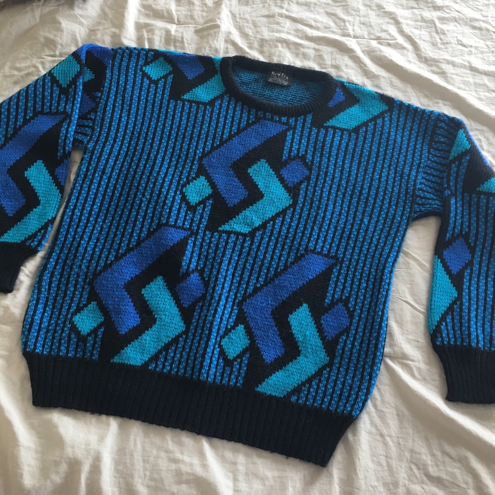 New Era Vintage Blue Geometric Knit Grandpa Sweater